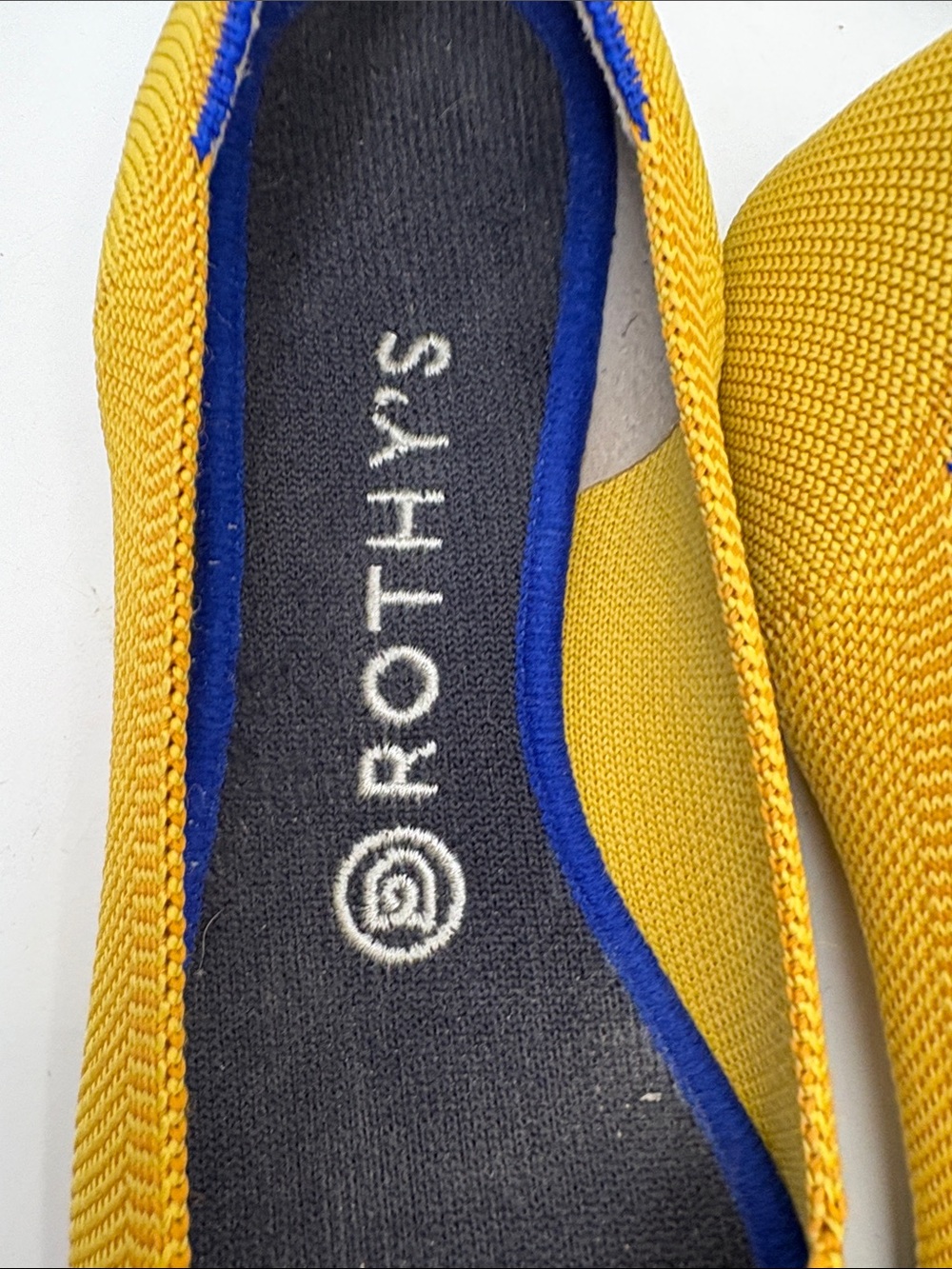 Rothy's Pointed Knit Ballet Flats in Bright Yellow with Blue Trim - Picture 2 of 11